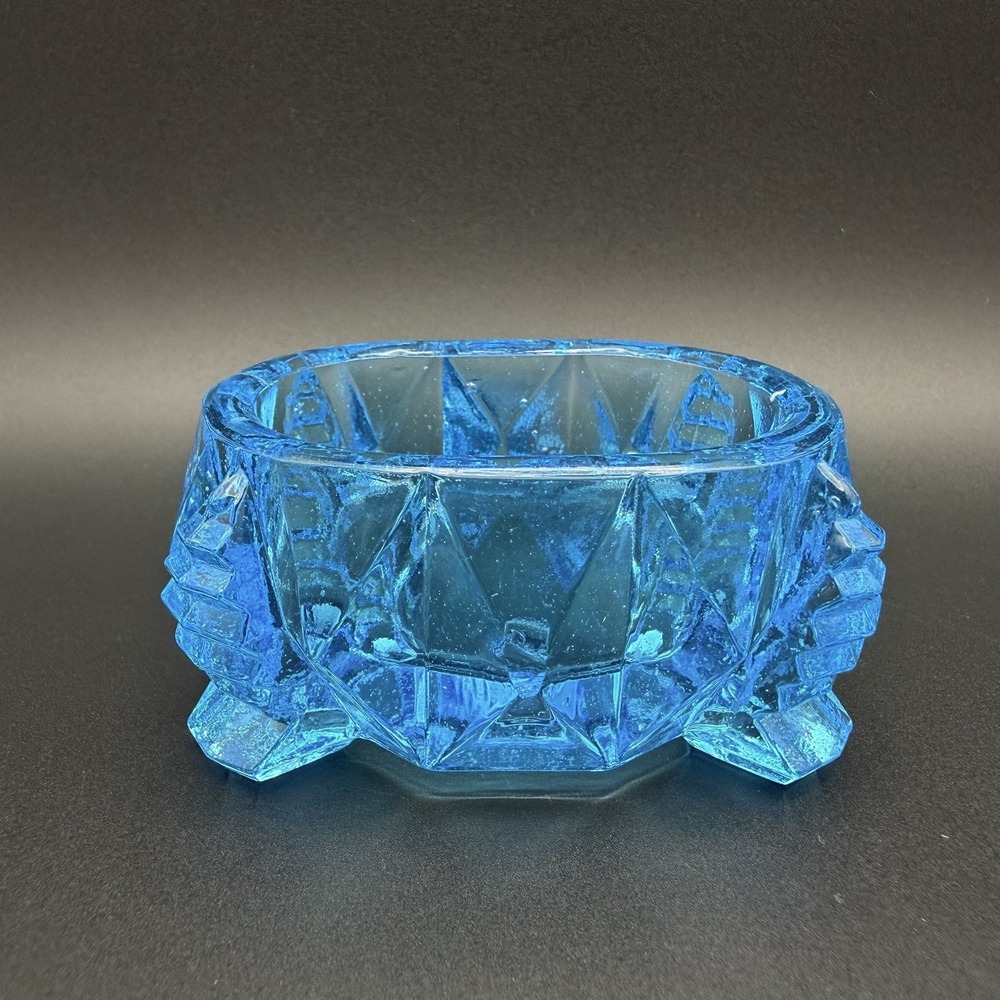 Art Deco Blue Depression Glass Master Salt Cellar Footed Geometric Zipper Design - Picture 3 of 13